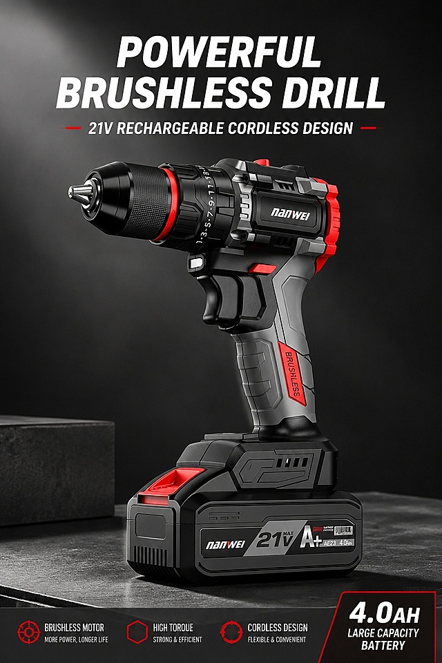 [第1屏] 详情页头图 - 21V Cordless Brushless Electric Drill, a powerful rechargeable handheld drilling tool. This screen uses [image1] as the product main body. 
[氛围/风格] Professional industrial tool style, strong mechanical texture, high contrast commercial photography, real and objective, simple design highlighting the product.
[元素布局] The electric drill is placed in the center of the screen, accounting for about 70% of the screen. The background uses low-saturation dark gray gradient, with soft light effect to highlight the metal and plastic texture of the product. Ensure that the physical structure, proportion, key components, material texture and color of the product are consistent with the input product image.  
[光影质感] Strong light from the upper left, soft projection on the lower right, clear highlights on the metal chuck and body, highlighting layering and three-dimensional sense.
[配色色系] Global background color #2b2b2b; main color is black gray red matching; auxiliary color is silver gray metal.
[视角构图] 45-degree oblique perspective, product is the visual center, reading flow from top title to center product to bottom information.
[文字版式] Layout is top title + center product + bottom information bar. Main title "Powerful Brushless Drill", subtitle "21V Rechargeable Cordless Design", main title is bold white, centered; bottom right corner mark "4.0AH Large Capacity Battery", text does not block the main body of the product, all text uses Malay, all words are capitalized at the beginning of main words, no Chinese characters.
[比例分辨率] 9:16 vertical ratio, 4K resolution, clear text, high-definition image quality.
[负向提示词] product deformation, missing parts, wrong parts, color deviation, watermark, text confusion, blurry product image, Chinese characters.