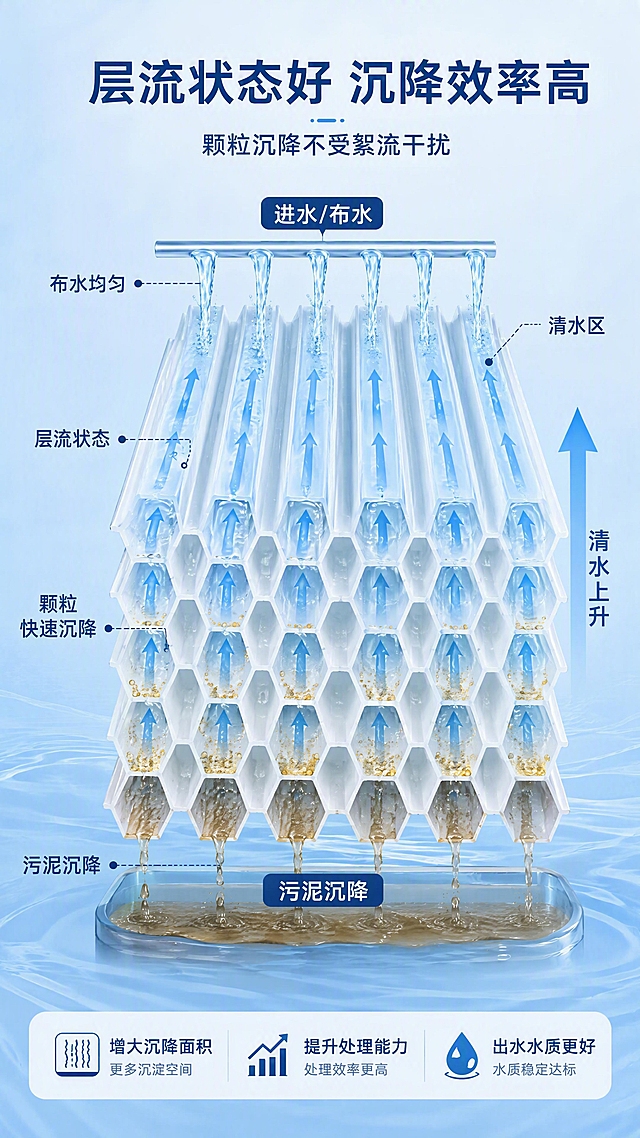 [第4张] 详情页工作性能展示-玻璃钢斜管填料层流与沉降原理可视化。本张使用【图1】的斜管结构作为原理示意主体，展示水流通过斜管的工作状态。
[氛围/风格] 科技原理风，流程示意图质感，蓝白配色，清晰易懂。
[元素布局] 画面中部为斜管填料侧视剖面示意，展示水流从下往上通过斜管、颗粒沿管壁沉降的过程；上方标注「进水/布水」，下方标注「污泥沉降」，右侧标注「清水上升」；斜管内用蓝色箭头表示水流方向，黄色颗粒表示沉降物；背景浅蓝渐变，带水波纹路装饰。斜管结构比例与输入产品图一致。
[光影质感] 均匀柔光，整体明亮通透，突出水流与颗粒的可视化效果。
[配色色系] 全局底色 #E8F4FD（浅天蓝渐变）；主色深蓝 #1E3A5F；辅助色蓝色水流、黄色颗粒、白色管壁。
[视角构图] 中部原理示意图为主体，上下分布说明文字，阅读动线顶部标题 → 中部原理示意 → 底部结论。
[文字版式] 顶部主标题「层流状态好 沉降效率高」，副标题「颗粒沉降不受絮流干扰」；示意图周围分布标注文字「布水均匀」「层流状态」「颗粒快速沉降」「清水区」；底部信息条写「增大沉降面积 提升处理能力 出水水质更好」。文字清晰，标注线明确。
[比例分辨率] 9:16 竖版比例，4K分辨率，文字清晰可辨，高清画质。
[负向提示词] 结构错误，文字错乱，文字过小，水印，背景杂乱。
