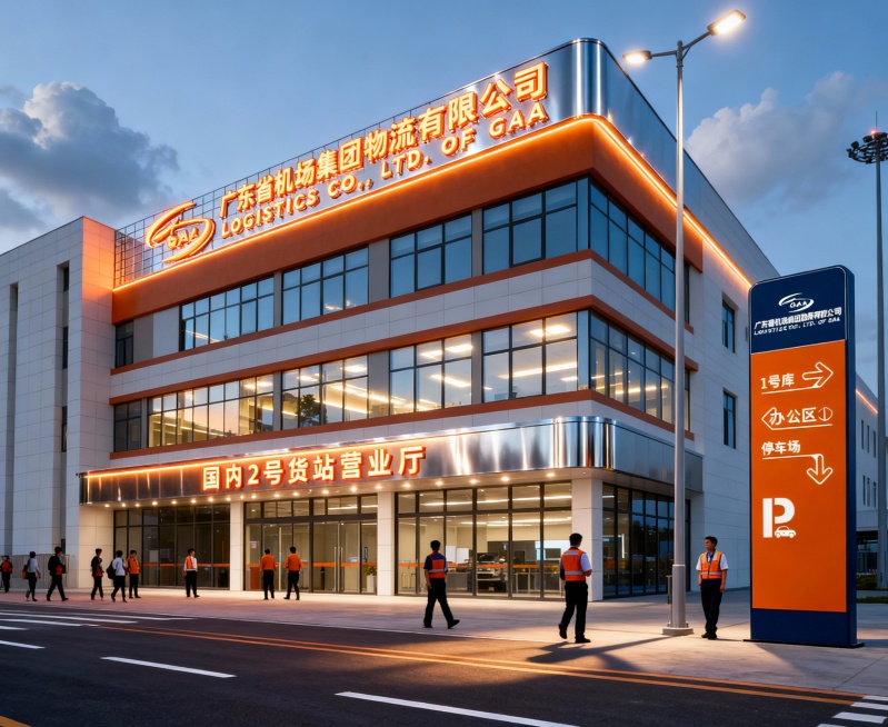 按提供图1场景中的门头上的(国内2号货站营业厅)和楼顶广告招牌上的(LOGO+广东省机场集团物流有限公司+LOGISTICS CO.,LTD.OF GAA)等字体换成不锈钢包边,字体表面发光颜色采用预览效果