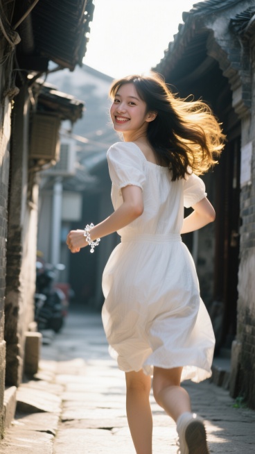 写实摄影风，远景，真实的胡同小巷，有一位奔跑的白色连衣裙少女，随风而动的发丝，背身转头微笑，背景光线暗一些，阳光洒在女生发丝上，面部清晰，手腕上带有水晶链。画面比例16：9，超清，预览效果