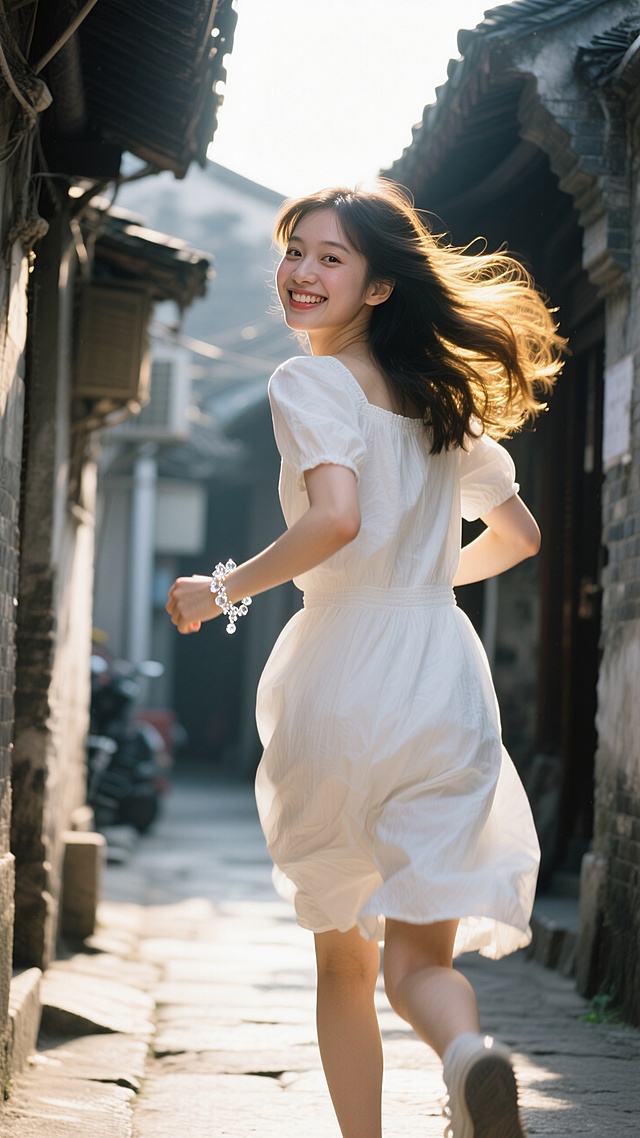 清新中式实景，少女白裙轻舞，阳光洒落古巷，尽显灵动之美。