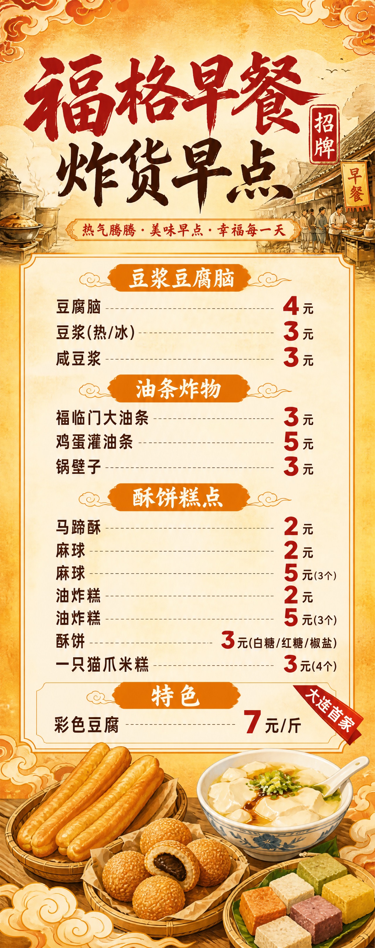 早餐店易拉宝设计，竖版超长幅2:5比例，暖橙米黄国潮餐饮风格，… - 图片创意预览