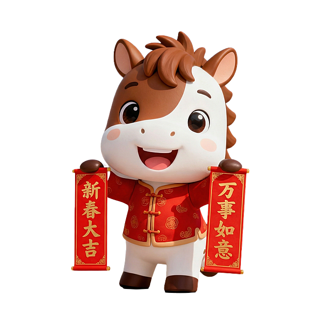 软3D风格萌马拟人形象，身着国潮红衣，手持春联，喜庆卡通感十足，传递新春祝福。