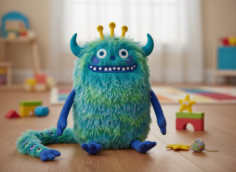 将图片中的怪兽做成立体的毛茸茸的儿童毛绒玩偶，柔软的，背景是儿童房的地板预览效果