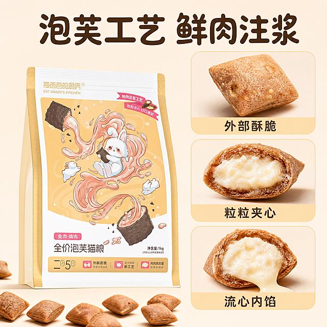 [主图-2] 全价泡芙猫粮核心工艺卖点展示；
[氛围风格] 可爱治愈软萌氛围感，清晰工艺展示风格；
[画质] 商业摄影质感、光线柔和通透、产品清晰真实、画面干净高级，4k分辨率；
[元素] 保持原产品包装袋外观、物理结构、材质质感、颜色与输入产品图绝对一致，杜绝任何变形和色差，精细化处理。画面左侧放完整包装袋，右侧放三张圆角特写卡片，从上到下依次展示：整颗泡芙猫粮外观、切开的半颗泡芙横截面、爆浆内馅流动特写。每张卡片标注对应卖点短句。商品主体清晰，画面满铺无边框。
[光影] 均匀柔光，每块卡片区域光线均匀通透，细节清晰可见，阴影过渡自然。
[配色] 主色调暖奶黄，浅米色背景，深棕文字，保持和首图一致的软萌配色体系。
[视角构图] 左产品右卡片的左右版式，清晰分区，主次分明。
[文字版式] 顶部大字标题写"泡芙工艺 鲜肉注浆"，圆润字体居中，深棕色大字号；三张卡片从上到下标注分别标注：「外部酥脆」「粒粒夹心」「流心内馅」，每个标签都是圆角浅黄底深棕字，清晰易读。
[比例分辨率] 1:1比例，文字清晰可辨，超高清。
[负向提示词] 变形，水印，文字错乱，产品图模糊，背景杂乱，文字遮挡主体。