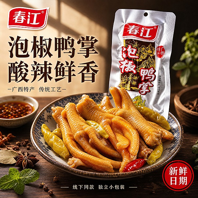[单张主图] 春江泡椒鸭掌 高级食欲氛围感主图，走品质感路线，突出食物本身的诱人质感和高级静物摄影风格。
[画面主体] 画面中下方主体为一盘精心摆盘的泡椒鸭掌，鸭掌呈琥珀金黄色，表皮透亮有光泽，堆叠在古朴的青花瓷深盘中，盘边点缀3-4颗饱满的黄绿色泡椒和1颗红色小米辣，鸭掌表面泛着晶莹的卤汁油光，微距纹理清晰，肉质肥厚Q弹，极具食欲感。画面左后方斜靠1袋春江泡椒鸭掌银色包装袋，包装袋上红色"春江"Logo和"泡椒鸭掌"字样清晰完整，包装外观与输入产品图完全一致。产品整体占画面约50%。
[构图版式] 采用中轴诗意氛围型高级感版式。顶部居中偏左放品牌Logo和主标题，产品居中偏下，底部轻量信息条，左右留白充足。
[场景元素] 背景为深棕色木质桌面，上方有柔和的窗棂光影斜射，营造自然光下的厨房餐桌氛围。背景虚化处理，有浅景深效果。桌面散落少量八角、花椒、香叶等香料小元素，点缀几片新鲜薄荷叶增加清新感。左侧有一小碟红色辣椒油作为道具。
[文案版式] 左上角放红色"春江"品牌Logo。主标题在左上方，分两行大号宋体风格字，深棕色：第一行"泡椒鸭掌"，第二行"酸辣鲜香"。主标题下方小号细体字"广西特产 传统工艺"。右下角有一个圆形红色印章样式标签，内有白字"新鲜日期"。底部居中细体字"线下同款 独立小包装"。文字克制，留白充足，不抢产品主体。
[光影质感] 自然暖阳逆光从右上方斜射，鸭掌表面有通透的高光和油润反光，边缘有柔和的轮廓光，包装有金属铝箔质感的明暗变化，整体高级美食摄影质感，浅景深，主体清晰锐利，背景柔和虚化，投影自然真实。
[配色字体] 主色为深棕色、暖木色，辅助色为白色、米黄色，强调色为泡椒黄绿色和品牌红色。字体主标题使用宋体风格粗字，辅助文字使用细黑体，字重对比柔和，靠留白和对齐分层级。
[比例分辨率] 1:1正方形，2048×2048，2K分辨率，文字清晰可辨。
[负向提示词] 产品变形、包装Logo错字、文字模糊、水印、平台Logo、二维码、联系方式、绝对化用语、主体遮挡、背景杂乱、低清晰度、鸭掌形态错误、廉价感、过度促销元素、手指畸形。