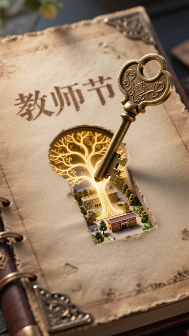 青铜钥匙悬浮于古籍锁孔之上，金光从孔中溢出形成知识树脉络。做旧牛皮纸背景与金属蚀刻质感，标题‘教师节’采用青铜铭文字体，锁孔内隐藏微缩版校园全景预览效果