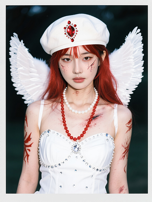 战损妆，红发，身着白色带钻装饰的服饰，佩戴白色珍珠项链、红色珠链，头戴饰有红色钻饰的白色贝雷帽，背后有白色天使翅膀；手臂有红色图案装饰，拍立得拍摄效果
