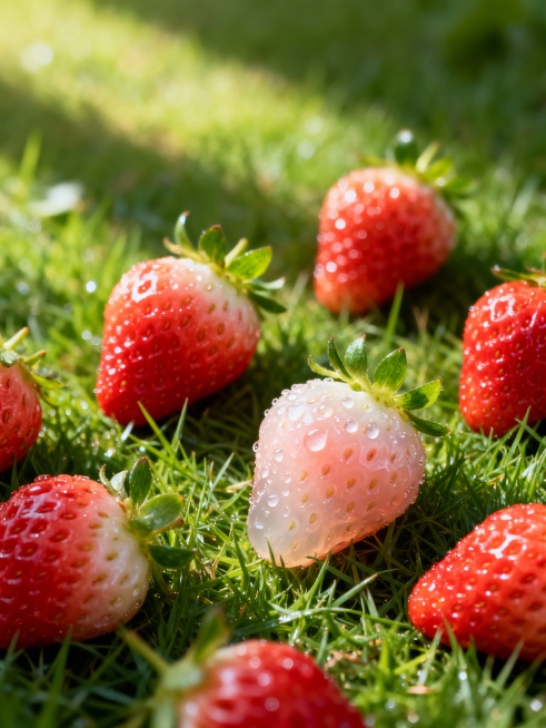 草莓水果创意实拍静物图，诱人的新鲜红色系水果，充满了食欲，看上去就想咬上一口，草莓季促销场景实拍图，真实高清摄影。有水珠点缀草莓上，奶油草莓，高清质感摄影.中远景镜头拍摄，背景是绿色系的草地预览效果