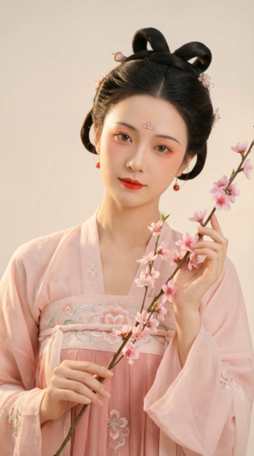 首帧：温婉汉服女子手持桃花枝，粉衣绣纹精致，双环发髻配花饰，额间花钿，暖调柔光，背景纯净浅杏色，画面构图居中。动作：女子缓缓向左挥动桃花枝，镜头随花枝平移左移，花瓣飘落形成动态引导线，运镜丝滑匀速，保预览效果