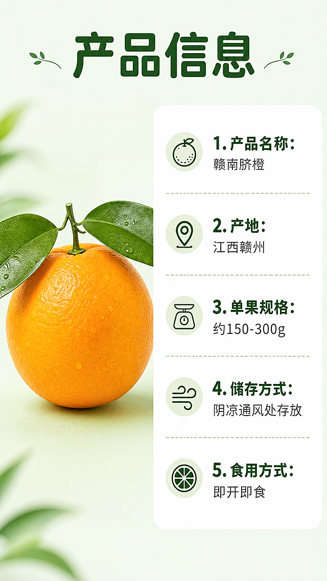 [第6屏] 详情页产品信息图-赣南脐橙规格参数和产品信息介绍。
[氛围/风格] 简洁清晰信息展示，延续全套自然清新风格，干净易读。
[元素布局] 左侧放置完整带叶赣南脐橙实物图，占画面宽度约40%，右侧为规格和产品信息区域，整体左右分栏排版，对齐工整。顶部留出主标题位置，底部预留少量空白，整体透气不拥挤。
[光影质感] 左侧产品光线均匀柔和，和前几屏光影方向一致，信息区域干净白底，文字清晰不发暗。
[配色色系] 全局底色：#F2F9F1（浅绿）；信息区域白色块背景，文字延续深绿主标题+深灰正文，和全套配色完全统一，不新增其他颜色。
[视角构图] 左右分栏均衡构图，9:16竖版，整体简洁明了，信息层级清晰。
[文字版式] 顶部通栏主标题 "产品信息"，深绿色圆角黑体，居中，纯色填充。右侧信息区：
1. 产品名称：赣南脐橙
2. 产地：江西赣州
3. 单果规格：约150-300g
4. 储存方式：阴凉通风处存放
5. 食用方式：即开即食
每个信息项名称加粗深绿色，内容深灰色，行距宽松，手机端清晰可读，全程沿用首屏字体和颜色规范。
[比例分辨率] 9:16竖版比例，4K分辨率，文字清晰可辨，超高清。
[负向提示词] 排版错乱，文字重叠，颜色混乱，产品变形，水印，风格不一致，模糊。