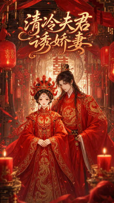 在这张漫剧封面上方添加艺术字体剧名"清冷夫君诱娇妻"，保持古风红色婚礼风格，不改变原有画面内容，字体美观和背景融合预览效果
