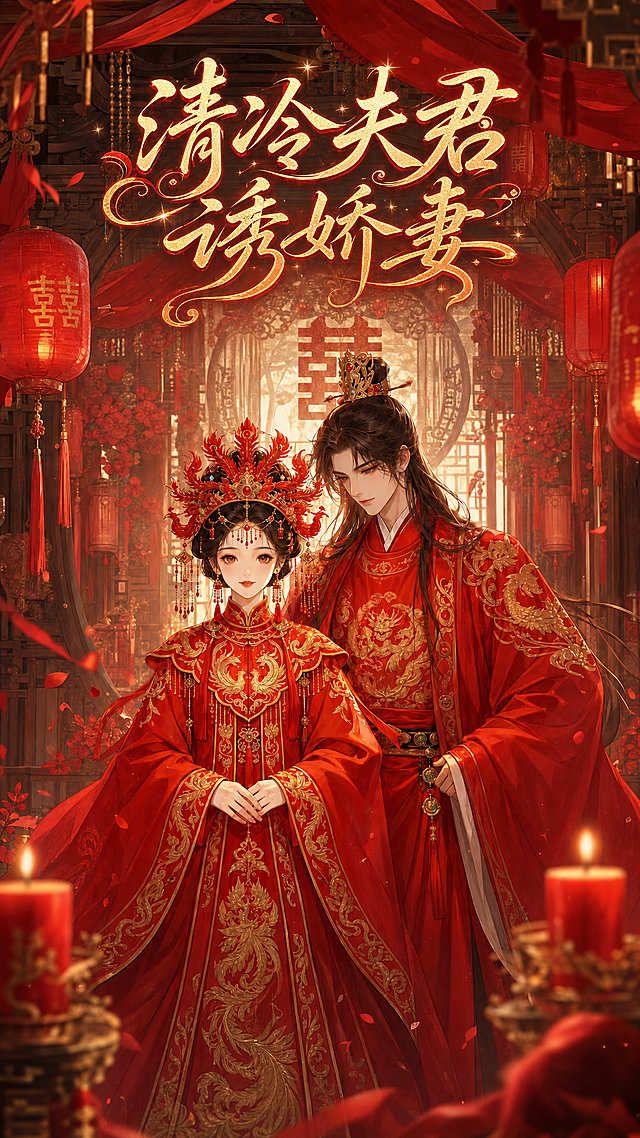 在这张漫剧封面上方添加艺术字体剧名"清冷夫君诱娇妻"，保持古风红色婚礼风格，不改变原有画面内容，字体美观和背景融合