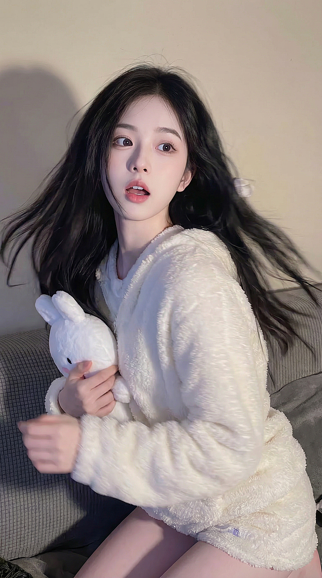人物形象不变  生成下列13张描述的照片                                                                                                                      照片1： 特写抓拍，捕捉初醒瞬间。女孩从玩偶肩头微微抬头，睡眼惺忪，眼神迷茫地望向镜头，一缕长发粘在脸颊。柔和侧逆光勾勒出面部绒毛，捕捉到刚从慵懒中苏醒的、毫无防备的动人表情。

照片2： 中景抓拍，伸展的慵懒。她向后伸展双臂，身体自然舒展成一道优美的弧线，头颈后仰，眼睛舒服地眯起，嘴角带着一丝无意识的微笑。像一只伸懒腰的猫，整个画面充满松弛感与动态张力。

照片3： 低角度抓拍，互动瞬间。镜头从下方微微仰拍。女孩双手将兔子玩偶举高，低头与它“对视”，表情俏皮又充满爱怜，嘴唇微嘟，仿佛正要和玩偶说悄悄话。身体动作形成了亲密的互动框架。

照片4： 过肩视角抓拍，沉浸的一刻。镜头从女孩身后侧方拍摄，焦点在她贴着玩偶的侧脸上。她闭着眼，用鼻尖温柔地轻蹭玩偶，表情沉醉而宁静，肢体动作传递出全然的依赖与亲密感。

照片5： 动态抓拍，突然的回眸。仿佛听到有人呼唤，她抱着玩偶快速转向镜头，长发随之飘散。眼神清澈明亮，带着一丝惊讶和好奇，嘴巴微微张开。身体扭转的动态和瞬间定格的表情极具故事性。

照片6： 近距离抓拍，绽放的笑颜。镜头推进，捕捉她突然绽开的灿烂笑容，眼睛弯成月牙，露出牙齿，整个面部被喜悦点亮。动作可以是抱着玩偶微微前倾，仿佛正向镜头分享快乐，感染力十足。

照片7： 俯拍抓拍，俏皮的互动。从上方向下拍摄，她仰躺或侧卧在地，将玩偶举在脸的上方，与它“鼻子碰鼻子”，表情淘气又甜蜜。这个角度突出了她灵动的眼神和亲昵的肢体语言。

照片8： 局部特写抓拍，情感的触碰。焦点对准她的手部动作：手指正轻轻地、若有所思地梳理着兔子玩偶的耳朵或绒毛。另一只手托着脸颊，表情温柔专注，传递出细腻的内心情感。

照片9： 全景抓拍，舒展与放松。她跪坐或侧坐，身体向后靠，双臂向后支撑，仰头感受光线。表情放松，眼睛可能闭着或望向远方，享受独处的宁静时刻。身体线条舒展，构图充满呼吸感。

照片10： 动态模糊抓拍，瞬间的嬉戏。运用轻微的运动模糊。她正笑着将脸埋进玩偶怀里，或快速躲向玩偶身后，留下一个动态的、欢快的残影。重点捕捉动作的趋势和洋溢的快乐情绪。

照片11： 正面特写抓拍，情绪的沉淀。激情过后，她安静下来，额头轻抵着玩偶，双眼凝视前方某处，眼神放空，带着淡淡的思绪或温柔。表情平静而深邃，仿佛沉浸在回忆或幻想中。

照片12： 创意视角抓拍，梦幻的私语。镜头透过玩偶（或以其为前景虚化）拍摄女孩。她凑近镜头，手指轻点嘴唇，做出“嘘”的俏皮表情，仿佛在与观众分享一个秘密。视角独特，增强代入感和趣味性。

照片13： 落幕抓拍，慵懒的归宿。她侧身蜷缩，将玩偶紧紧搂在怀中，脸颊贴着它，身体语言充满安全感和依恋。眼睛半阖，即将入睡，表情是全然放松的满足与恬静。光线柔和，为系列画上温柔句号。