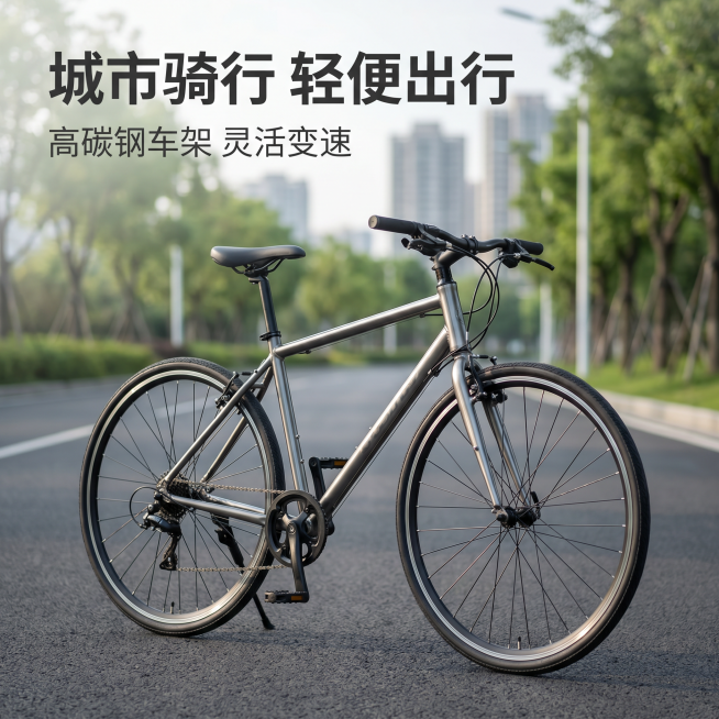 [主图 1] 城市柏油马路场景的自行车首图。[氛围风格] 现代都市户外运动风，清新自然。[画质] 商业摄影质感、光线柔和通透、产品清晰真实、画面干净高级。[元素] 自行车整体居中放置，完整展示车身结构预览效果