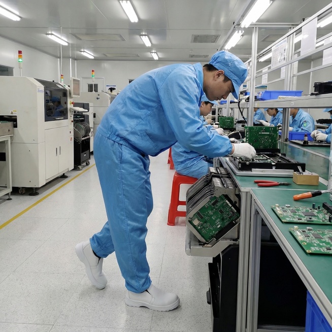 电子工厂车间内，电子行业工作人员穿着图中的白色ESD安全鞋进行工作，保持鞋子的外观、鞋底纹路、蓝色ESD标识细节完全不变，画面写实，光线明亮预览效果