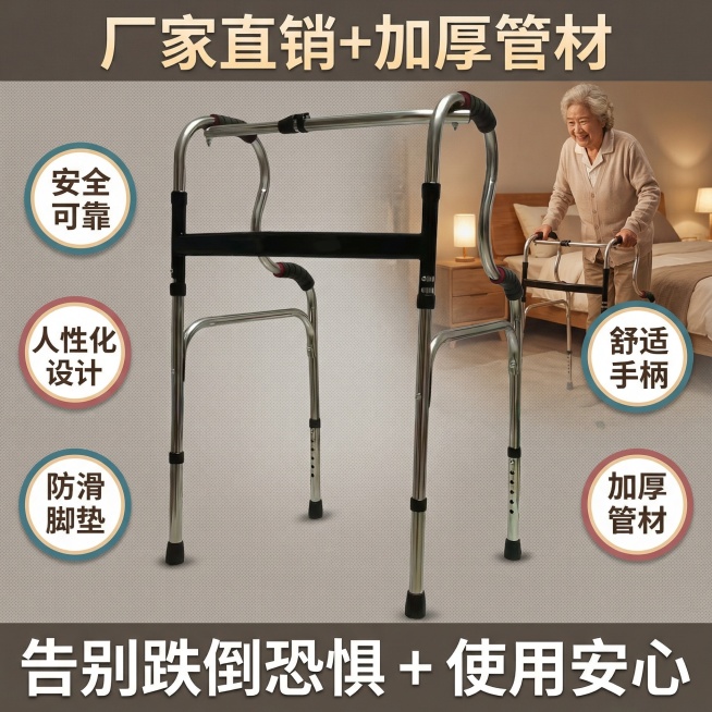 这张图片是产品主体这款产品是助行器  我需要设计20张主图在拼多多上面售卖    可以用 老年人等场景进行主图场景布局设计一个高级主图  一些主图文案内容  厂家直销 可推可坐 加粗加厚 轻便省力 承预览效果