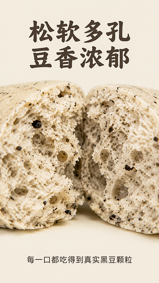 [第3屏] 吉美老酵黑豆面馒头质地特写详情页。本屏功能定义为产品口感质地展示。[氛围/风格] 微距特写，真实食欲感，暖调质感。[元素布局] 掰开的馒头剖面占据画面中心70%区域，特写展示内部松软多孔结构和均匀分布的黑豆碎颗粒，保持原产品米白加黑粒的颜色质感不变，背景延续浅米褐底色#F5F0E6，下半部分留区域放卖点说明。[光影质感] 侧光打透剖面，突出松软孔隙，颗粒清晰，真实自然。[配色色系] 延续全局底色#F5F0E6，文字统一使用深棕色#3A3A3A，不变更配色。[视角构图] 微距平视特写，聚焦剖面纹理。[文字版式] 顶部主标题“松软多孔 豆香浓郁”，底部副标题“每一口都吃得到真实黑豆颗粒”，沿用圆角棕色书法标题字体+无衬线正文，仅1种字色，纯色填充，排版居中。[比例分辨率] 9:16竖版比例，2k分辨率，文字清晰可辨，超高清。[负向提示词] 质地失真，纹理模糊，馒头变形，文字错乱，背景杂乱。
