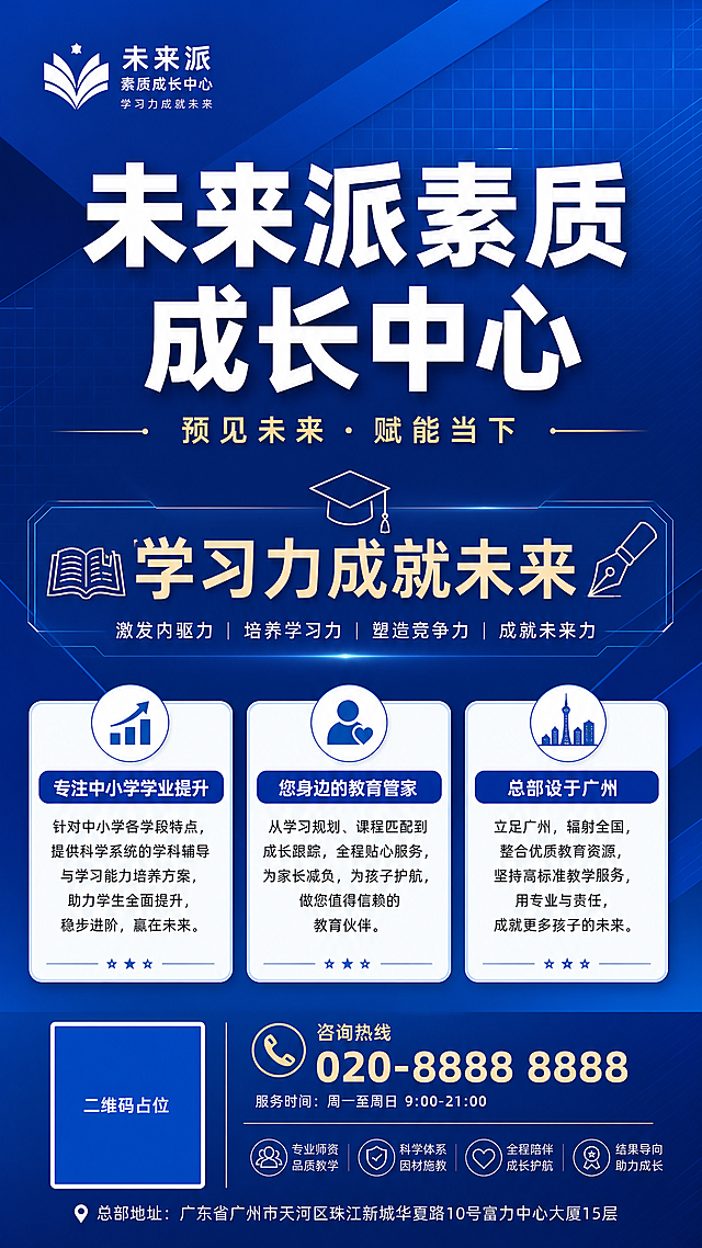专业商务蓝风格教育品牌主视觉海报，竖版9:16。深蓝#0A52E3渐变背景，几何斜切色块分割，细网格底纹，简约现代感。画面顶部左上角显示品牌标识区域。居中超大主标题"未来派素质成长中心"，白色粗体字，视觉焦点。主标题下方副标题"预见未来 · 赋能当下"，米金色小字。中部展示品牌理念区："学习力成就未来"大字标语，配书本、钢笔、毕业帽线性小图标装饰。下方信息卡片："专注中小学学业提升"、"您身边的教育管家"、"总部设于广州"三条信息，白底圆角卡片，蓝底标题栏。底部二维码占位符（纯色方块+中央"二维码占位"文字）+ 咨询热线区域。整体风格专业、高端、可信赖，版式精美，留白充足，教育行业质感。画面中所有信息区域必须填充完整合理的内容，不得出现空白框或待填写区域。