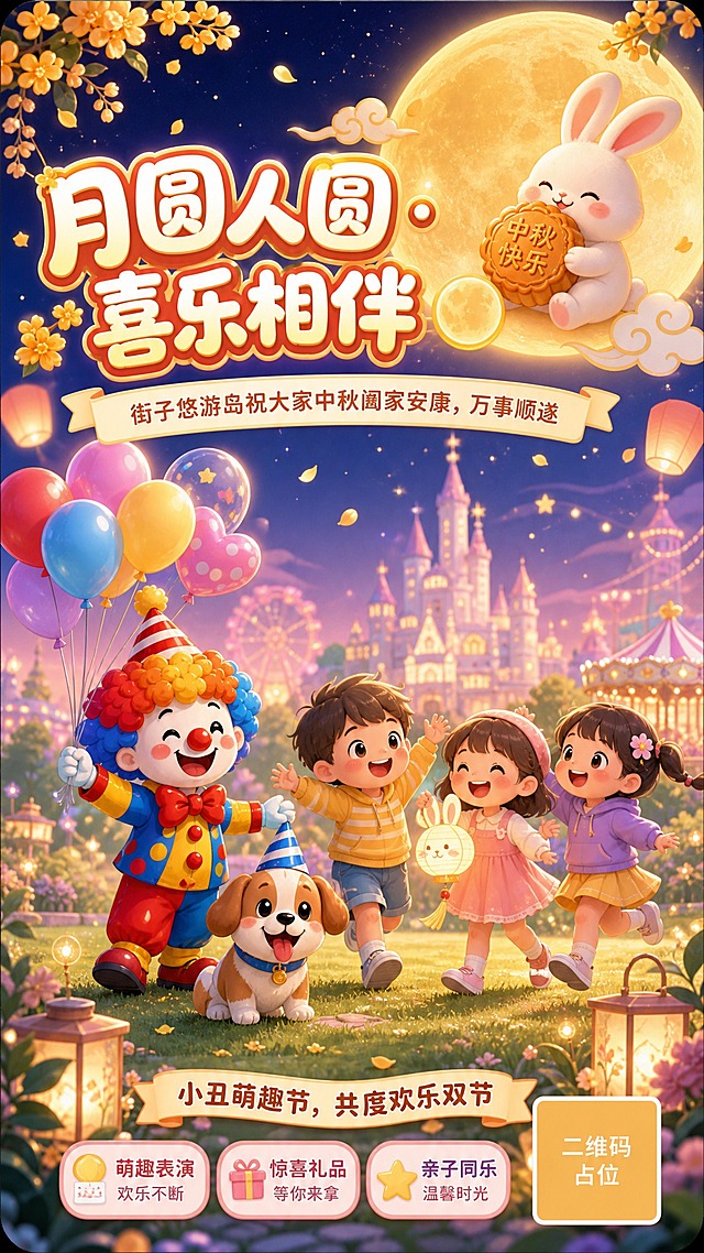 竖版9:16朋友圈节日祝福海报，治愈卡通插画风格，柔和暖色调，中秋温馨氛围。画面上方夜空悬着一轮温润的金黄色满月，飘散着桂花花瓣，浅淡国风祥云环绕，可爱小玉兔坐在月亮旁抱着月饼。画面中景，和蔼欢乐的小丑拿着彩色气球，温顺可爱的小萌犬蹲在旁边，几个小朋友轻松嬉笑玩耍，氛围松弛治愈。远景是淡淡的游乐园城堡轮廓作为背景，朦胧柔和不抢主体。画面顶部主大字体写着"月圆人圆・喜乐相伴🌕"，字体圆润可爱有节日感。主标题下方次行小字写着"街子悠游岛祝大家中秋阖家安康，万事顺遂"。画面底部点缀小字"小丑萌趣节，共度欢乐双节"。整体配色以暖黄、柔粉、淡紫、浅蓝为主，柔和治愈。版式精美，文字清晰可读，四周留有安全边距。画面中所有信息区域必须填充完整合理的内容，不得出现空白框或占位区域。画面中所有二维码区域使用纯色方块占位符呈现，方块中央标注"二维码占位"文字，严禁生成任何可识别的二维码图案。超高清画质，细腻插画质感。
