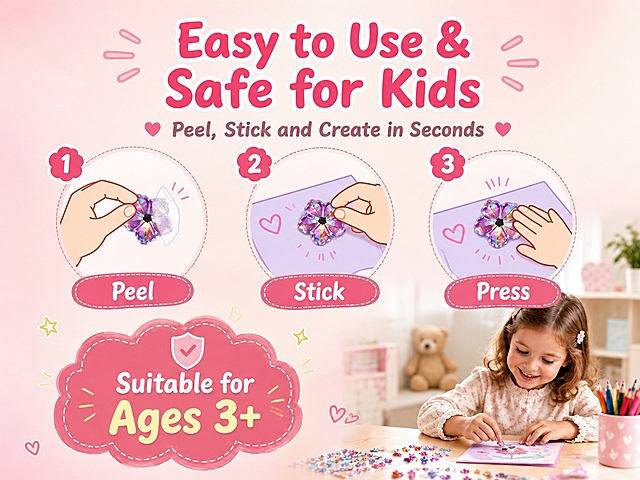 Amazon mobile A+ easy use and safety banner, 600x450px vertical layout. Top centered title: "Easy to Use & Safe for Kids" with subtitle "Peel, Stick and Create in Seconds". Upper middle area: three-step usage flow with simple line icons or small illustrations: 1. Peel (peeling from backing paper), 2. Stick (applying to object surface), 3. Press (gently pressing down). Lower area: prominent safety notice "Suitable for Ages 3+" next to a warm small image of happy child doing crafts. Background: warm gradient of light pink and cream white. Friendly trustworthy style, clear and easy to understand, mobile-optimized vertical layout.