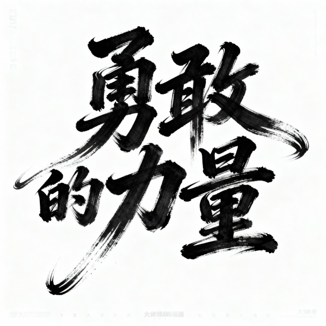 书法字体海报，画面中央是“勇敢的力量”四个草书大字，字体狂野奔放，视觉张力富有动感，超粗笔画流畅飘逸，笔画巧妙延长变形，带有飞白效果，笔画流畅潇洒，背景干净简洁，整体呈现大师海报作品风格，类似电影海报预览效果