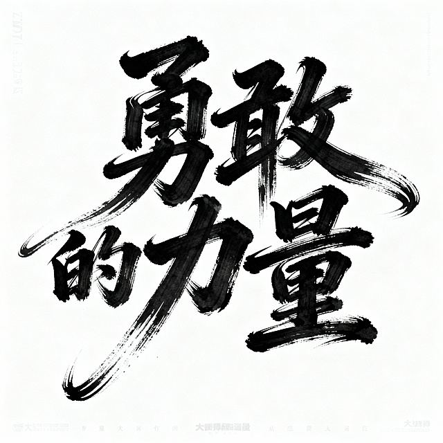 书法字体海报“勇敢的力量”。草书字体狂野奔放，视觉张力富有动感，超粗笔画流畅飘逸，笔画巧妙延长变形，飞白效果，笔画流畅潇洒，干净背景，大师海报作品，电影海报