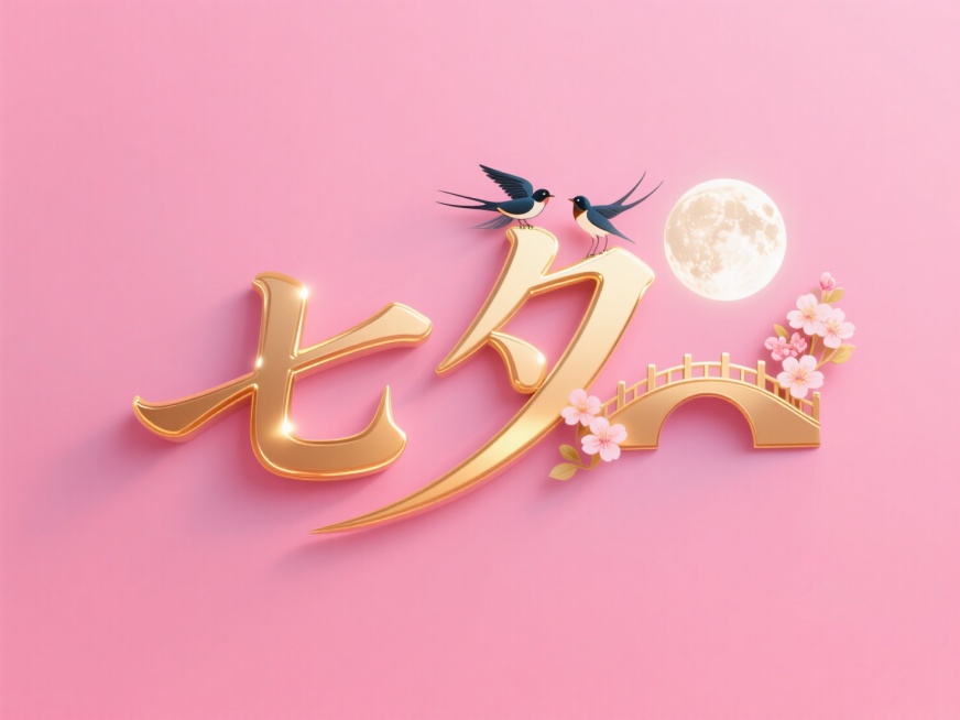 横向金色文字"七夕"。创意字体设计点缀两只喜鹊、拱桥，月亮，花朵元素，线条流畅，高级感，粉色背景，高纯度配色。预览效果