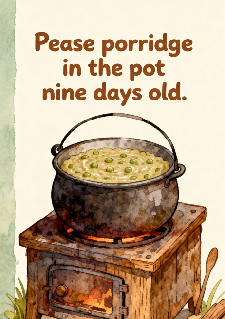 请制作A4竖版儿童卡片 1：
Pease porridge hot,
Pease porridge cold,
Pease porridge in the pot nine days old.
Som预览效果