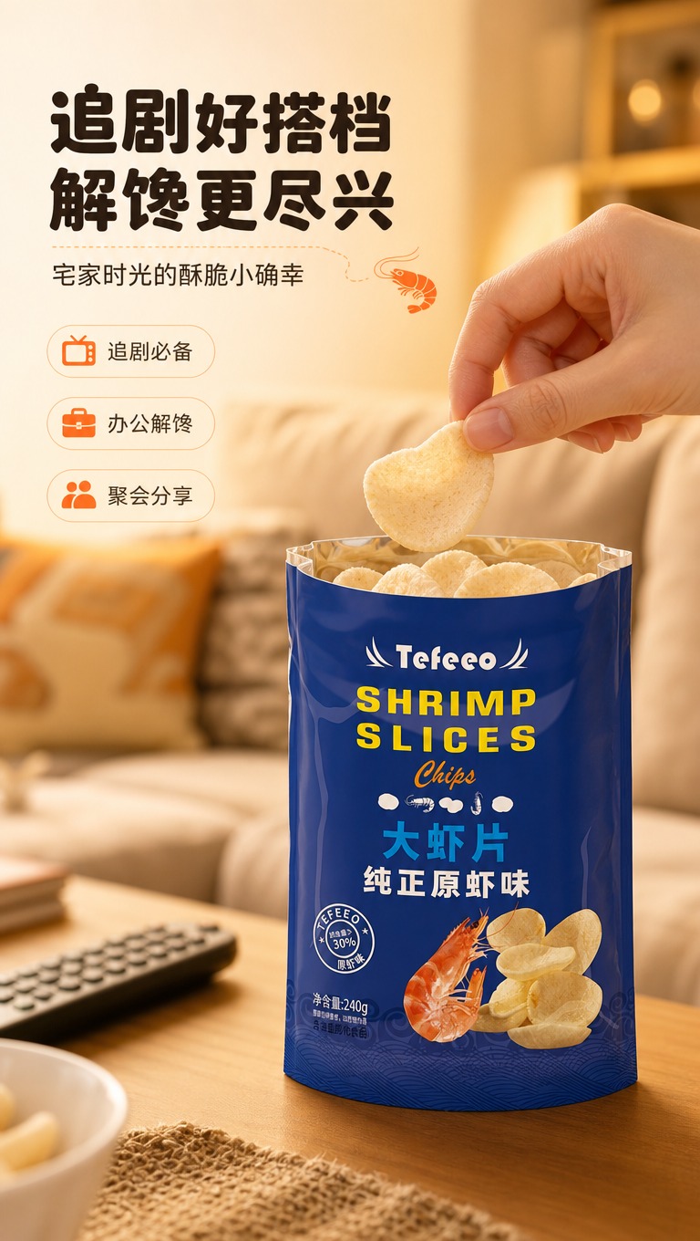 [商品] 使用【图4】蓝色原虾味包装、【图1】虾片实物；保留包… - 图片创意预览