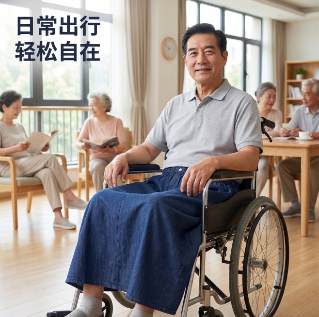 图中深蓝色老年人防漏隔尿裤裙裙长严格为70cm，不要太长。画面展示72岁国字脸亚洲老爷爷穿着这款隔尿半身裙坐在轮椅上，背景是社区养老中心活动室，明亮自然采光，日常养老休闲场景。产品样式必须和原图保持1预览效果