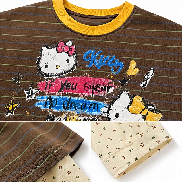 保留原图棕绿条纹假两件长袖T恤的款式、颜色、条纹图案、Hello Kitty涂鸦印花和米白色碎花拼接袖面料花纹完全不变，去除模特和人体，改为服装局部细节特写，聚焦胸前印花细节、假两件拼接处走线做工、条纹面料肌理、碎花袖布料质感、黄色罗纹领口细节，电商卖点细节图，产品特写，只展示衣服局部细节，高清商业摄影，柔和无影棚拍灯光，干净纯白色255#FFFFFF背景，锐利细节，清晰展示面料肌理、走线做工、布料质感，无阴影杂乱，8K，电商详情页专用，写实，无畸变，不要多余杂物，构图饱满居中