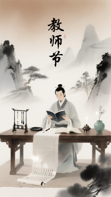 古风水墨画卷中，身着汉服的老师居中端坐，于古朴木案前持卷品读。案上错落陈列文房四宝：砚台、毛笔、笔架静立，青瓷罐与香炉添韵，展开的书卷墨香隐现。

背景以淡墨晕染远山近树，意境悠远。浅棕、米白与墨色交预览效果
