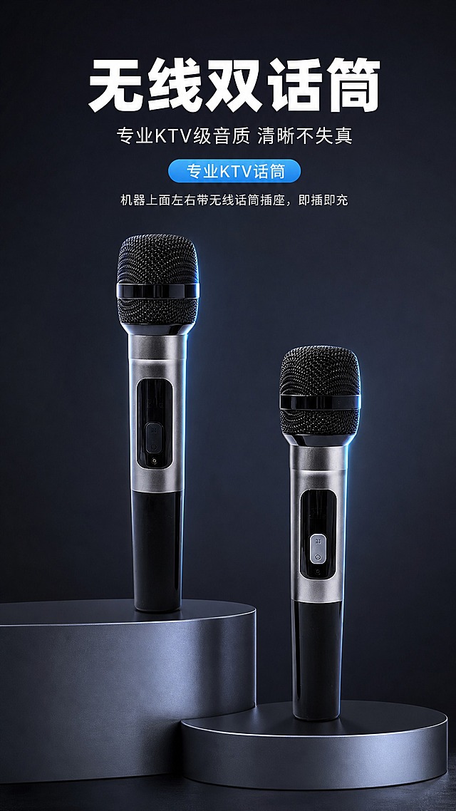 [商品] 使用【图5】双无线话筒特写；保留话筒银黑配色、网头结构、按键布局、显示屏，不改变产品原貌和比例。
[画面] 目标：展示无线双话筒专业品质。竖版9:16构图，两支话筒分别放置在高低不同的金属展示台上，深色背景，突出话筒质感和细节。产品占画面约50%，一高一低错落有致，有立体感。
[视觉] 套系策略：风格=现代简约科技家居风；标题字=粗黑无衬线简体中文字；正文字=简洁无衬线简体中文字；主色=深木色+暖米灰；背景延展=深灰蓝渐变背景，高级质感；强调色=冰蓝色，用于轮廓光和标签；标题色=白色；正文色=浅灰；组件=蓝色胶囊标签、细线引线；光影=侧逆光勾勒轮廓，正面补光清晰展示细节。
[文字] 顶部主标题"无线双话筒"，副标题"专业KTV级音质 清晰不失真"，蓝色胶囊标签"专业KTV话筒"，下方补充说明"机器上面左右带无线话筒插座，即插即充"。文字全部横排。
[规格] 图片比例9:16竖版，4K，负向提示：避免变形、错字、文字过小、话筒颜色改变、结构失真、竖排文字。