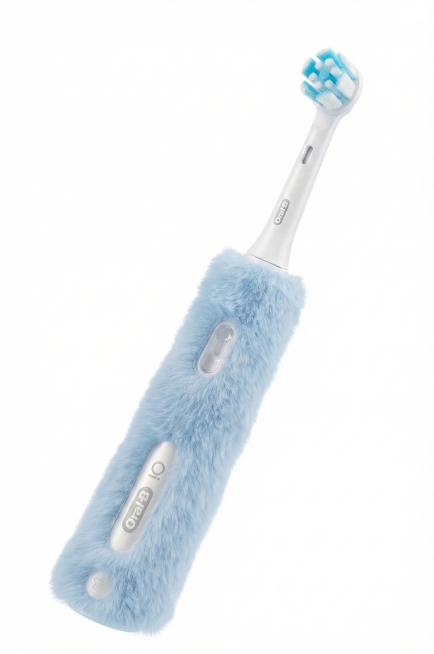 去掉电动牙刷头部的蓝色毛球，保留刷头，手柄保持浅蓝色毛绒材质，整体保持纯白色背景，还原产品原本形态预览效果