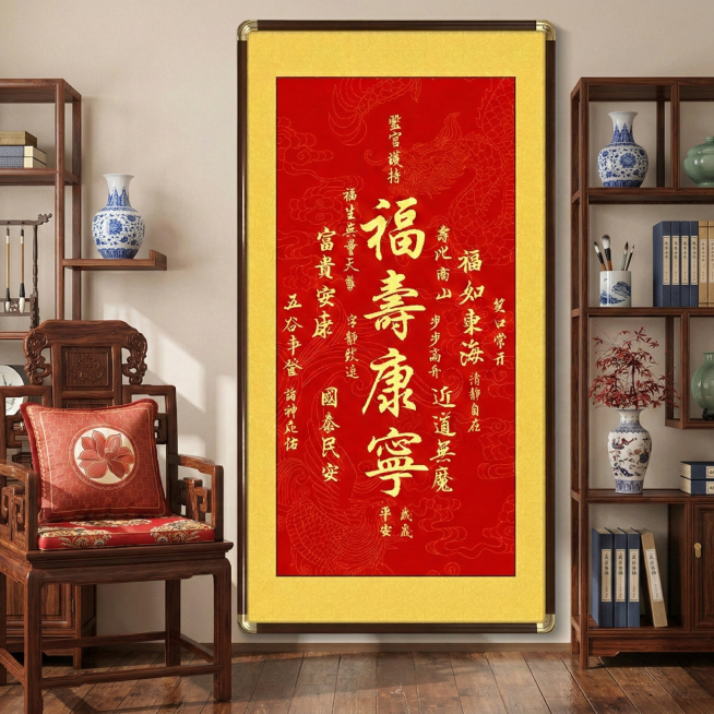 把图1挂画的边框换成图片2中的边框，并生成和挂画适配的中式风格场景，场景和挂画搭配协调统一，4K高清，光线明亮，色调柔和高级，细节丰富，适合做电商主图，1:1，不要遮挡挂画的字预览效果