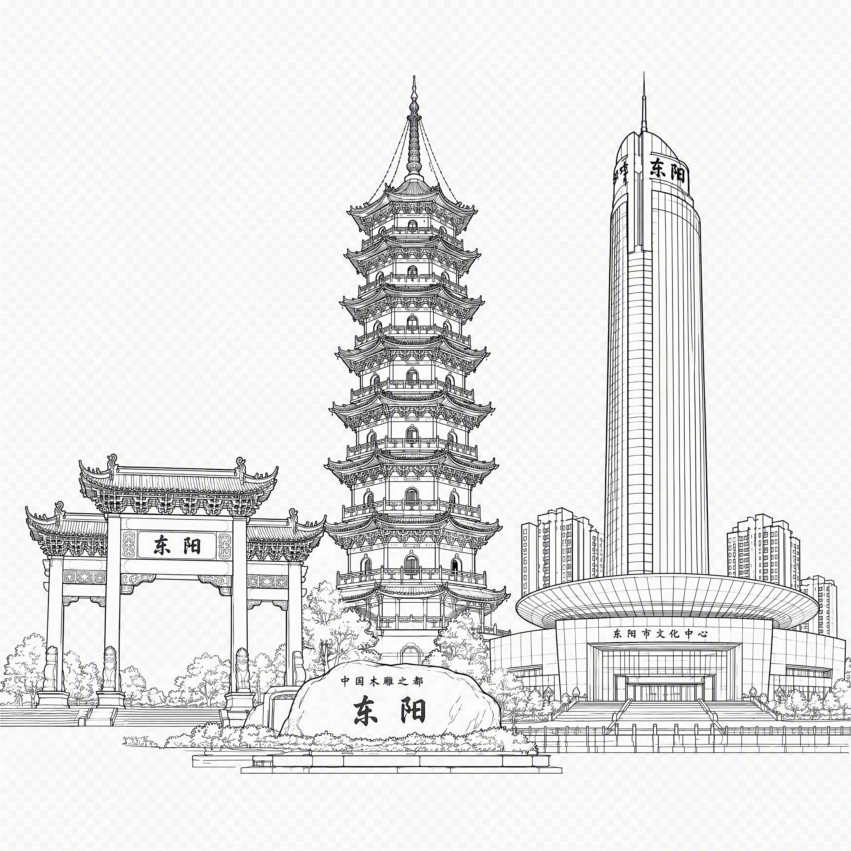 将图片中的背景完全去除，保留黑色线条建筑线稿，输出纯透明背景的… - 图片创意预览