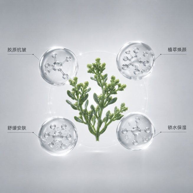 [主图-2] 海茴香胶原凝润面膜核心功效成分解析图
[氛围风格] 科研感极简风
[画质] 超写实商业渲染，清晰细腻，干净高级
[元素] 哑光银色背景，画面中心展示悬浮的真实海茴香植物枝叶，周围环绕四个预览效果