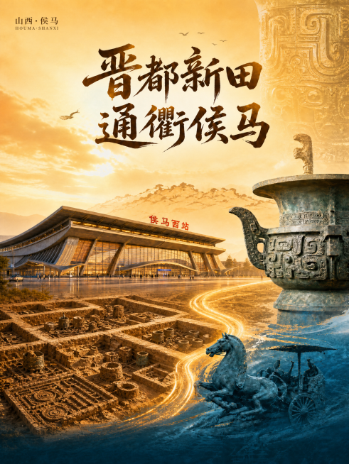 保留整体构图、主题文字“晋都新田 通衢侯马”、侯马高铁站、现代暖色调加局部冷色反差风格，将晋都新田遗址替换为侯马铸铜遗址，去掉右侧标注小字，去掉“一座有两千六百年建城史的城市”及下方英文小字，保留12预览效果