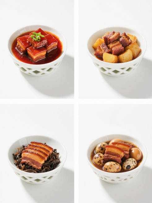 一组四张不同中式传统红烧肉系列菜式的美食摄影海报，保持高清写实风格，每张均为纯白色纯色背景，光线明亮柔和，主光源来自左上方形成自然高光和阴影，食物表面油润光泽质感强烈，色彩浓郁饱和，红色酱汁色泽鲜亮。第一张是经典方块红烧肉配葱花点缀，第二张是红烧肉炖土豆块，第三张是梅干菜扣肉，第四张是红烧肉焖鹌鹑蛋。每张图片中食物主体占据画面中心位置，构图饱满，采用相同的白色镂空陶瓷碗盛装，四张图片呈2x2网……预览效果