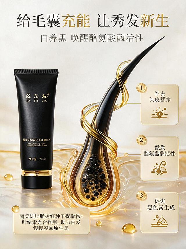 [商品] 使用【图2】法尔加黑灵芝何首乌多肽赋活乳黑色软管；保留黑色哑光管身、金色法尔加Logo、产品名称文字、金色管盖装饰、净含量77ml文字；产品外观完全保真。
[画面] 页面目标：乌发养黑作用机理示意，参考【图4】毛囊充能版式。构图：画面中心是一根放大的毛囊+发丝3D示意图，金色精华液螺旋环绕毛囊向上，从根部滋养至发梢，表现黑色素生成过程。左侧放产品软管，占画面约25%。三段式信息分布：上部主标题区，中部机理大图，右侧和左下分布三个编号功效点。前中后景：前景金色精华液滴，中景毛囊机理+产品，后景浅米白渐变+淡金色光晕。
[视觉] 套系策略：风格=高端黑金商业摄影风，专业头皮护理质感；标题字=现代宋体粗体，大气高级；正文字=简洁无衬线体；主色=深邃炭黑；背景延展=基于炭黑做深浅渐变、金色光晕、细腻磨砂质感，同色系层次（本页用浅米金背景突出机理）；强调色=奢华金，仅用于标题重点字、图标、引线、精华液光效；标题色=深炭灰+金色重点字；正文色=中暖灰；组件=圆角浅金信息卡、金色细线引线、编号圆形徽章；光影=顶部暖柔光，机理主体有体积光，金色精华有通透发光感。
[文字] 顶部主标题「给毛囊充能 让秀发新生」，副标题「白养黑 唤醒酪氨酸酶活性」。右侧三个编号点：1.补充头皮营养 2.激发酪氨酸酶活性 3.促进黑色素生成。左下小字说明：南美洲胭脂树红种子提取物+叶绿素光合作用，助力白发慢慢养回原生黑。文字全部横排，层级清晰。
[规格] 国内电商详情页竖版，比例3:4，宽度1080，高度1440，分辨率1K。避免变形、错字、文字过小、冷蓝背景、夸张医疗承诺、毛囊结构失真。