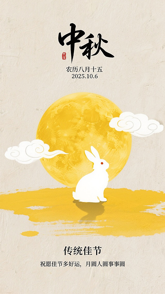 中式水墨风插画，浅米色纹理背景。顶部有标题 “中秋” ，小字”农历八月十五 2025.10.6“ 中间是巨大的黄色圆月，搭配白色祥云，圆月下方是黄色水墨晕染的地面，有一只白色兔子剪影立在上面，底部有副标题 “传统佳节” 文字及小字”祝愿佳节多好运，月圆人圆事事圆“，色彩以暖黄为主