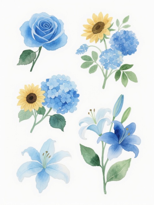 白色背景上的五组水彩花卉装饰元素，采用透明晕染质感与柔和细腻的笔触，呈现清新明亮的整体氛围和自然生动的构图布局。画面包含蓝色系的玫瑰、向日葵、绣球花、百合花等花卉，从浅蓝到深蓝渐变过渡，绿叶形态和色彩保持不变，花瓣边缘保留自然的水彩留白和细微的色彩变化，整体色彩和谐统一，呈现宁静优雅的视觉效果。预览效果