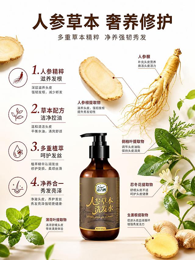 [主图-2] 核心功效成分解析，OKCS风格。
[统一基调] OKCS风格：白底+浅米色渐变背景，红棕色品牌色点缀，无衬线粗体大字标题，干净高级商业摄影质感。
[画面] 人参草本洗发水产品瓶放在画面下方居中，占画面30%。上方和四周悬浮真实人参切片、人参根须、草本植物叶片，配合极简细线引线指向成分，标注核心成分。左侧大号人参切片特写，右侧草本植物环绕。
[光影质感] 柔和顶光，成分元素有轻微悬浮感和投影，产品有自然接触阴影，整体通透干净。
[配色] 主色白色+浅米色渐变，标题深棕色，强调色红棕色，人参金黄色，草本绿色。
[文字版式] 顶部大标题"人参草本 奢养修护"，深棕色粗体；下方4组编号卖点：1.人参精粹 滋养发根 2.草本配方 洁净控油 3.多重植萃 呵护发丝 4.净养合一 秀发亮泽。每组配小图标，文字左对齐排列在画面左侧和中部。
[输出要求] 比例3:4竖版，2K，文字清晰，产品清晰，禁止错字、模糊、杂乱、水印。