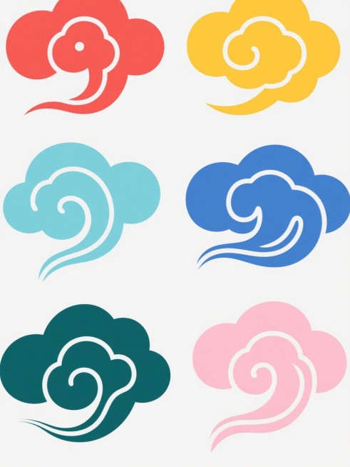 白色背景上，以中国传统祥云纹样为核心元素，创作六个造型完全不同的系列素材集合。每个祥云图案均采用简洁流畅的线条勾勒，保持原图的平面化设计风格和线条的圆润饱满感。整体色彩变换为六个不同的中国传统色：正红色、明黄色、天青色、靛蓝色、墨绿色和藕荷色，每个祥云图案一种专属色彩。图案排布规整有序，呈2行3列或3行2列的网格状布局，彼此间距均匀，保持视觉上的平衡与和谐。线条粗细均匀，边缘清晰，无渐变和阴影……预览效果