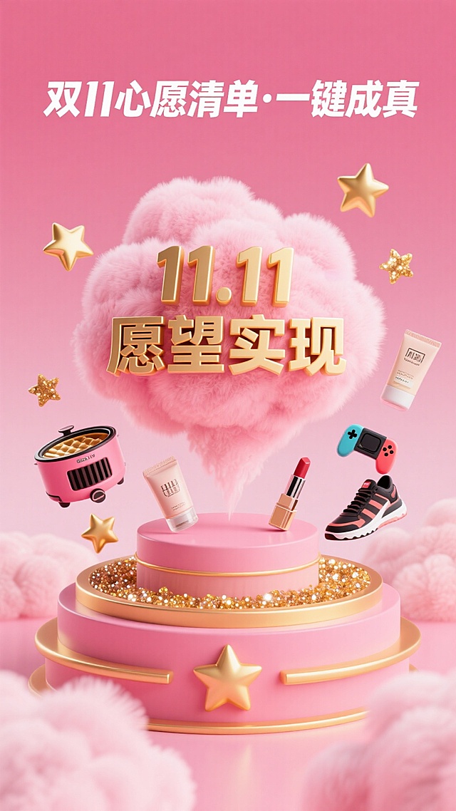 梦幻粉红基调，软3D毛发生长云朵托举鎏金文字，搭配立体产品悬浮，营造甜蜜梦幻的双11愿望实现氛围。