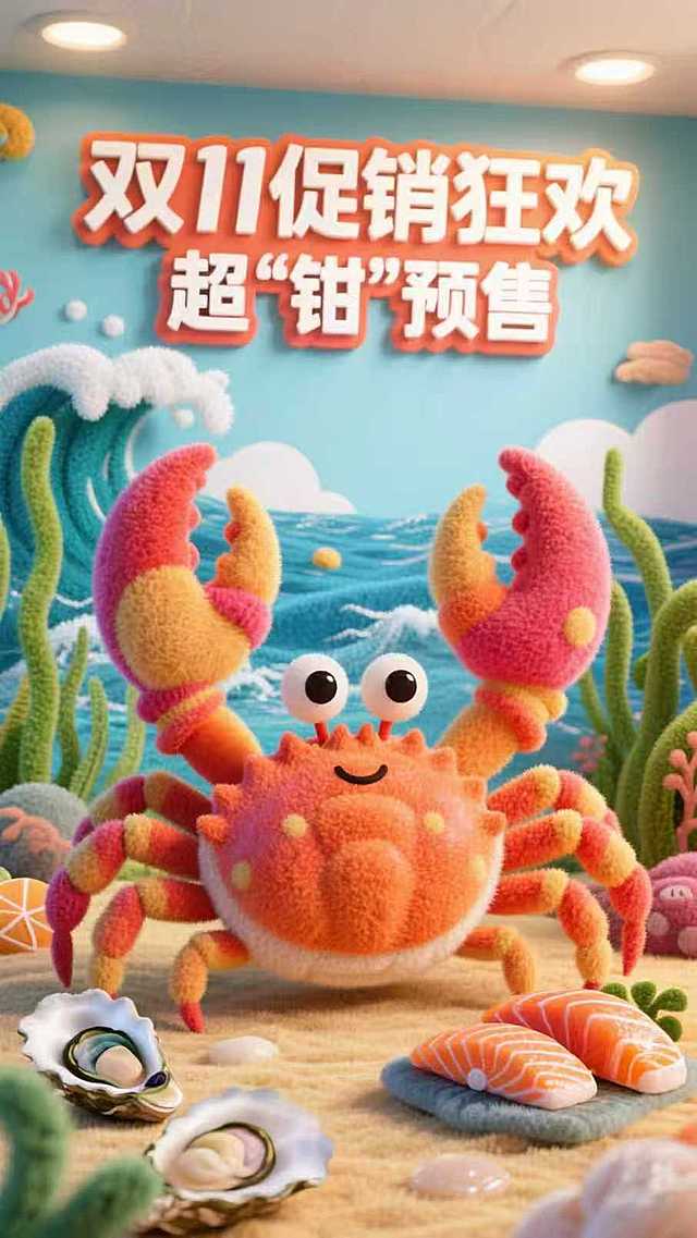 以卡通帝王蟹形象为核心，搭配生鲜美食，背景墙有海浪、海草元素，背景墙上有文字“双11促销狂欢”，下面有设计感字体“超“钳”预售”