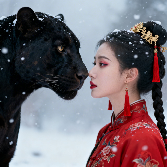 A cinematic close-up profile shot of a young East Asian woman in traditional Chinese red embroidered预览效果