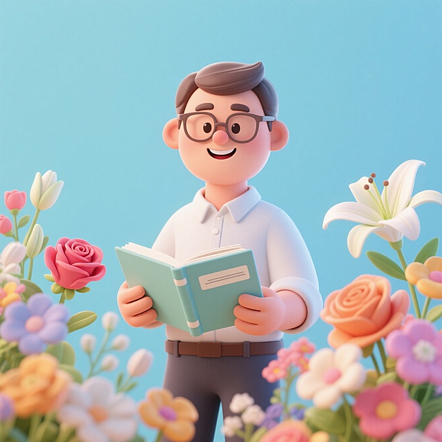 软3D风卡通人物，手捧书本，置身花丛，清新自然，充满童趣与温馨。