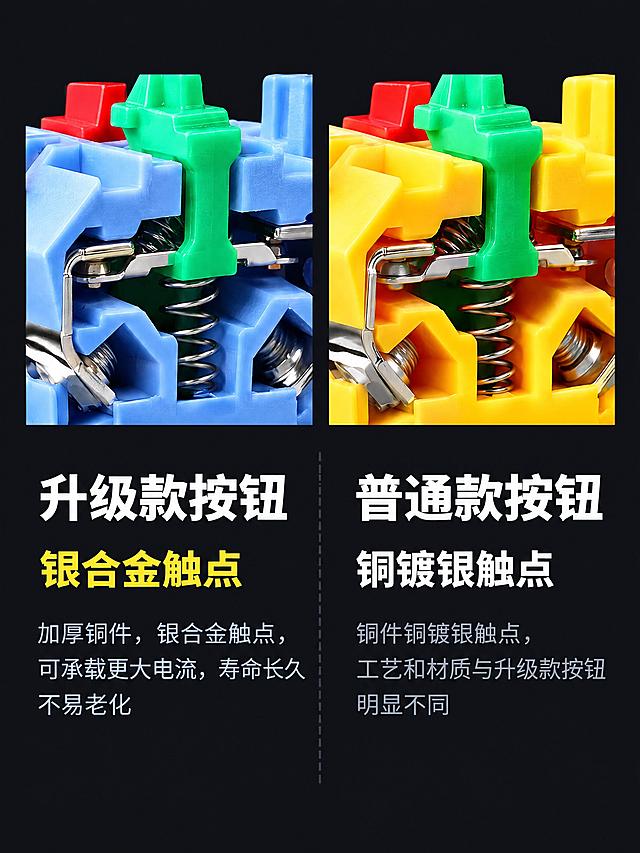基于参考图进行LA38按钮触点对比海报设计，严格遵循以下要求：

【产品处理核心要求】
1. 两个触点特写图（左：蓝色底座银合金触点特写，右：黄色底座铜镀银触点特写）从原图抠出，不加蓝色/白色卡片框
2. 内部绿色绝缘件、银色触点弹簧、金属结构保持原样

【保留文案，全部使用思源黑体】
- 左侧标签："升级款按钮"（思源黑体Bold 28px #FFFFFF）+黄色字"银合金触点"（思源黑体Bold 24px #FDD835）+下方说明"加厚铜件，银合金触点，可承载更大电流，寿命长久不易老化"（思源黑体Regular 18px #C8CDD4）
- 右侧标签："普通款按钮"（思源黑体Bold 28px #FFFFFF）+白色字"铜镀银触点"（思源黑体Bold 24px #FFFFFF）+下方说明"铜件铜镀银触点，工艺和材质与升级款按钮明显不同"（思源黑体Regular 18px #8A919C）

【新排版设计】
- 画布750×1000px竖版
- 上下两部分：上部50%高度放两个特写图左右并排（左占5%-48%，右占52%-95%）
- 下部50%高度左右对应放文字：左侧蓝色区文字、右侧灰色区文字，中间竖虚线#2A2F38分隔
- 不要原图的蓝色圆角卡片框

【新背景】
深炭灰纯色#14161A，干净无纹理。禁止白底、蓝色卡片框、灰色卡片框

【输出要求】750×1000px竖版，两个触点特写图清晰，左右文字对应对齐，无原卡片框残留